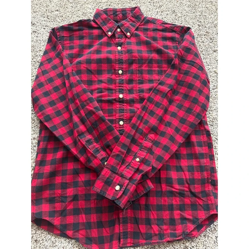 J Crew Oxford Plaid Button Down Shirt Men's Medium Red Black‎ Long Sleeve Casual